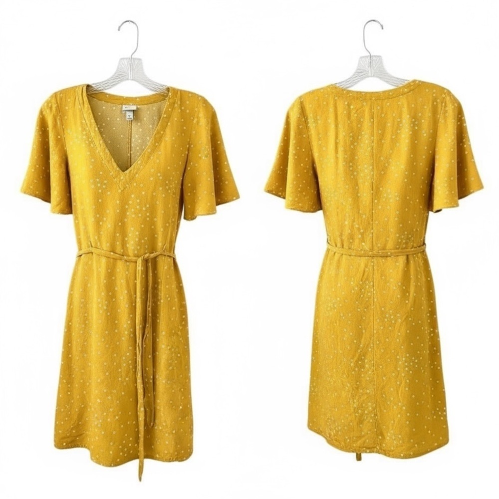 A New Day Butter Yellow Polka Dot Dress Tie Waist V Neck Modest Easter Church